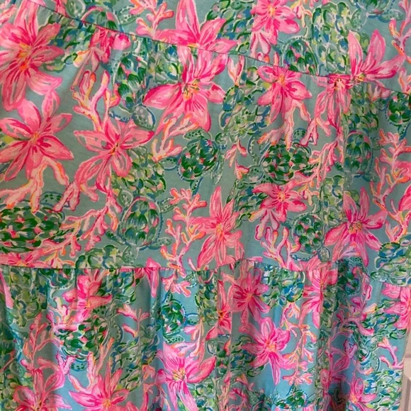 Lilly Pulitzer Green & Hot Pink Floral Flutter-Sleeve Tiered Dress - Picture 4 of 10